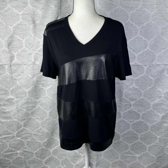 GUESS Women’s Faux Leather Stripe V-Neck Tee Black Size L - Picture 1 of 8